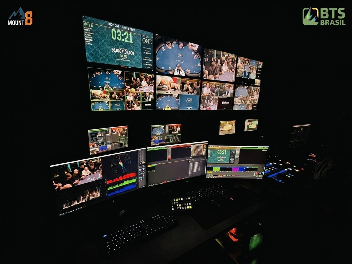 Sala de controle da BTSBrasilTV com monitores exibindo a transmissão ao vivo